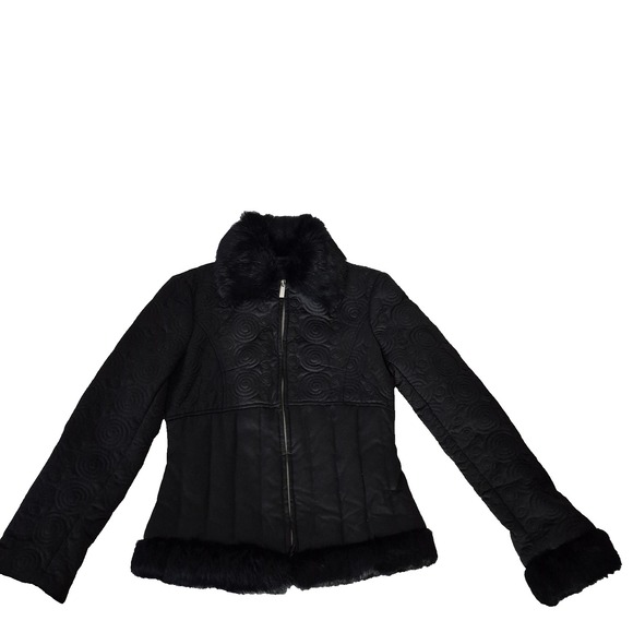 Bebe Jacket Women S Black Quilted Down Rabbit Fur Trim Collar Cuffs Full Zip Vtg - Picture 3 of 10